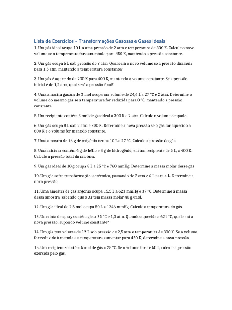 Exercicios Transformacoes Gasosas | PDF