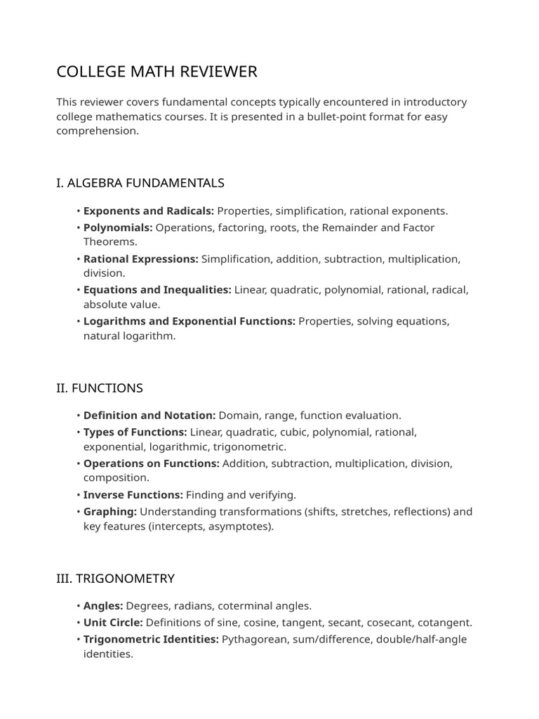 Essential College Math Concepts Guide | PDF