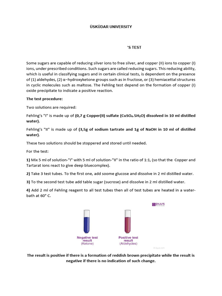Fehling's Test for Reducing Sugars | PDF