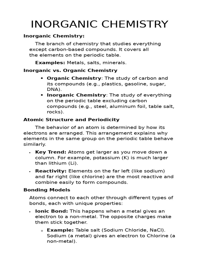 Inorganic Chemistry Overview and Concepts | PDF