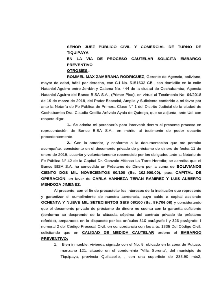 Medida Cautelar Embargo Preventivo | PDF | Derecho Civil (Common Law