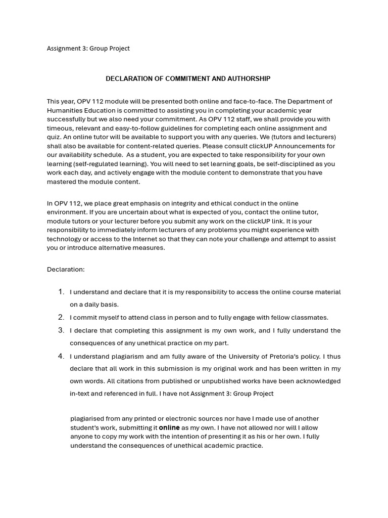 OPV 112 Group Project Commitment Guide | PDF | Teachers | Learning