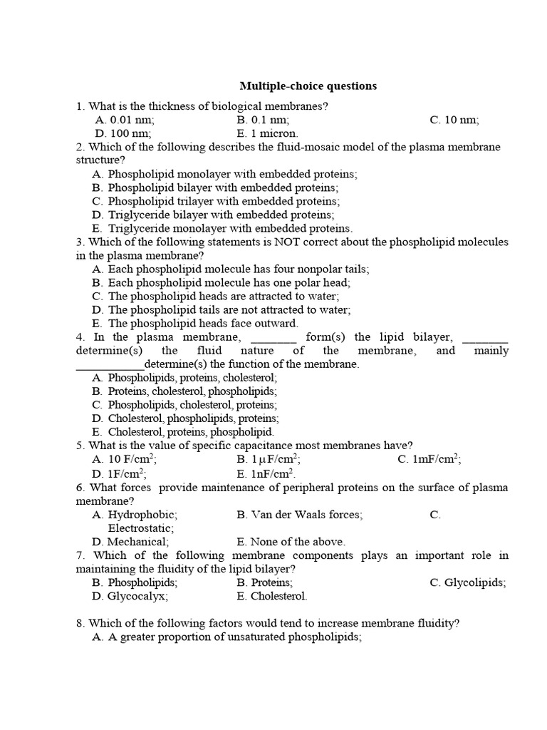 Biological Membrane Quiz Questions | PDF | Cell Membrane | Diffusion
