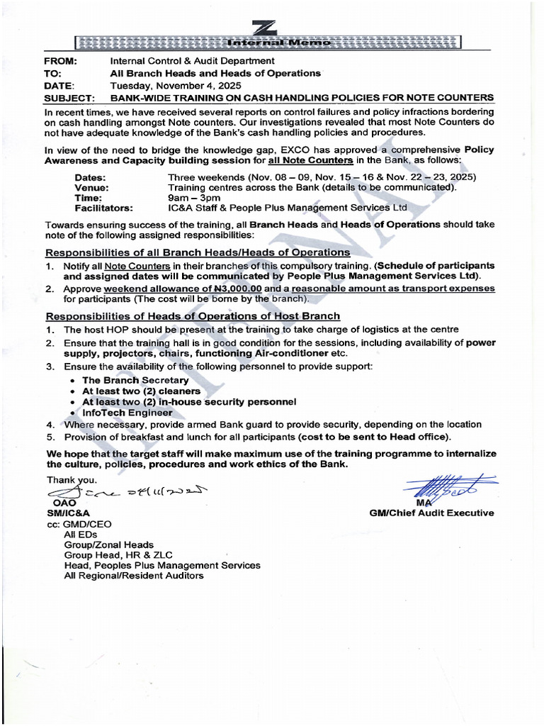 Bank-Wide Training On Cash Handling Policies For Note Counters | PDF