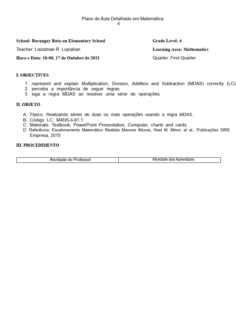 Aula de Matemática: MDAS para 4º Ano | PDF | Equações | Divisão ...