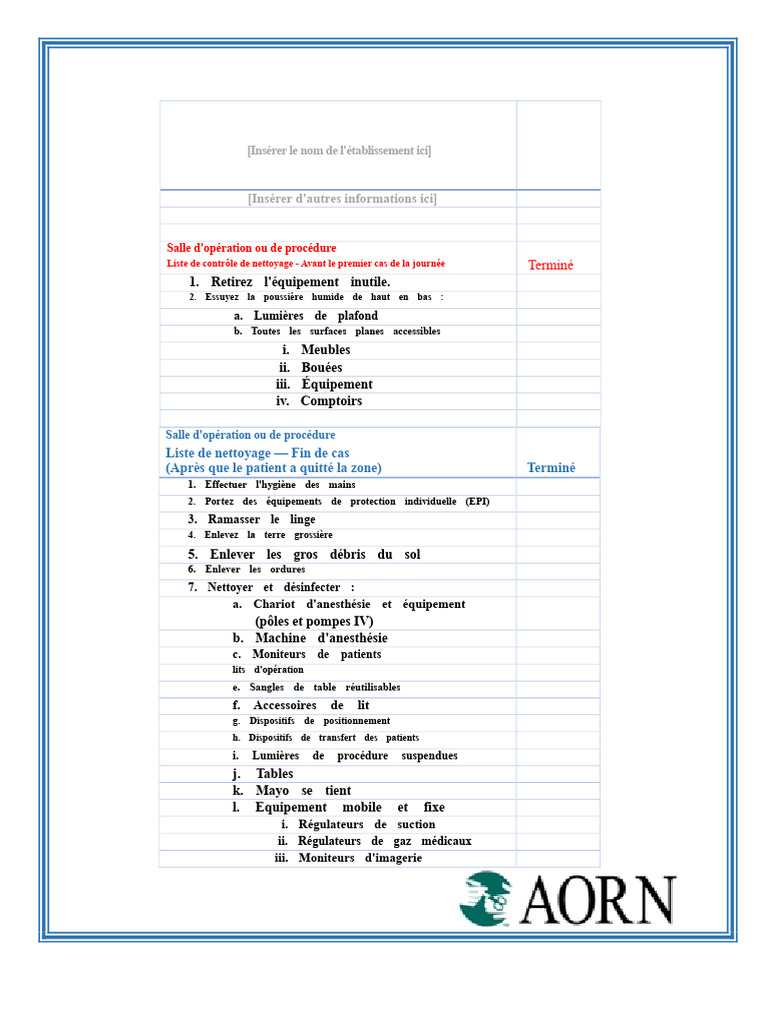 Liste de contrôle de nettoyage opératoire | PDF