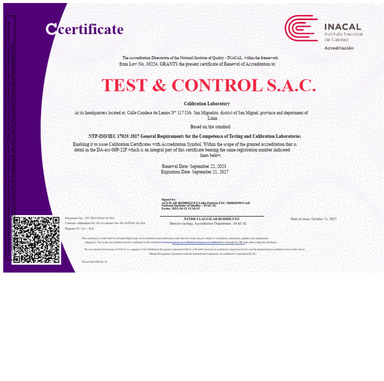 Accreditation Certificate Inacal - Test & Control S.A.C. | PDF