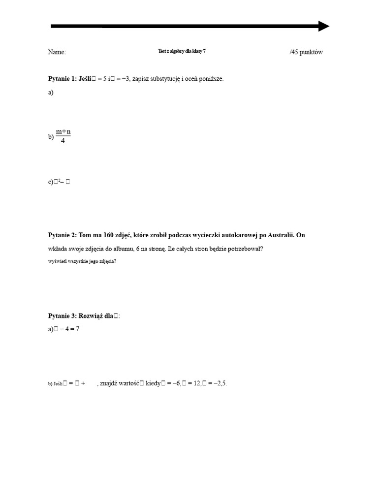 Test Formatywny Z Algebry Dla Klasy 7 | PDF