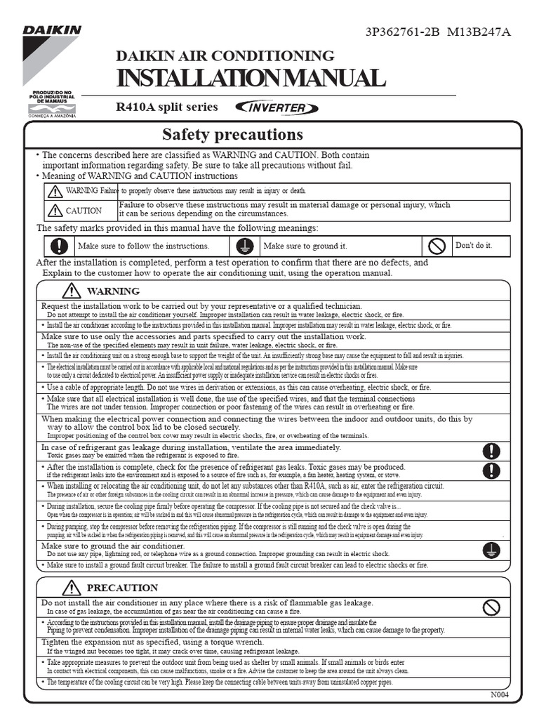 Daikin Air Conditioner Installation Manual - R410a | PDF | Air ...