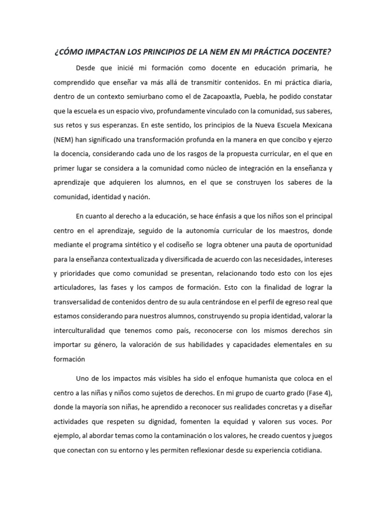 Cómo Impactan Los Principios de La Nem en Mi Práctica Docente | PDF ...