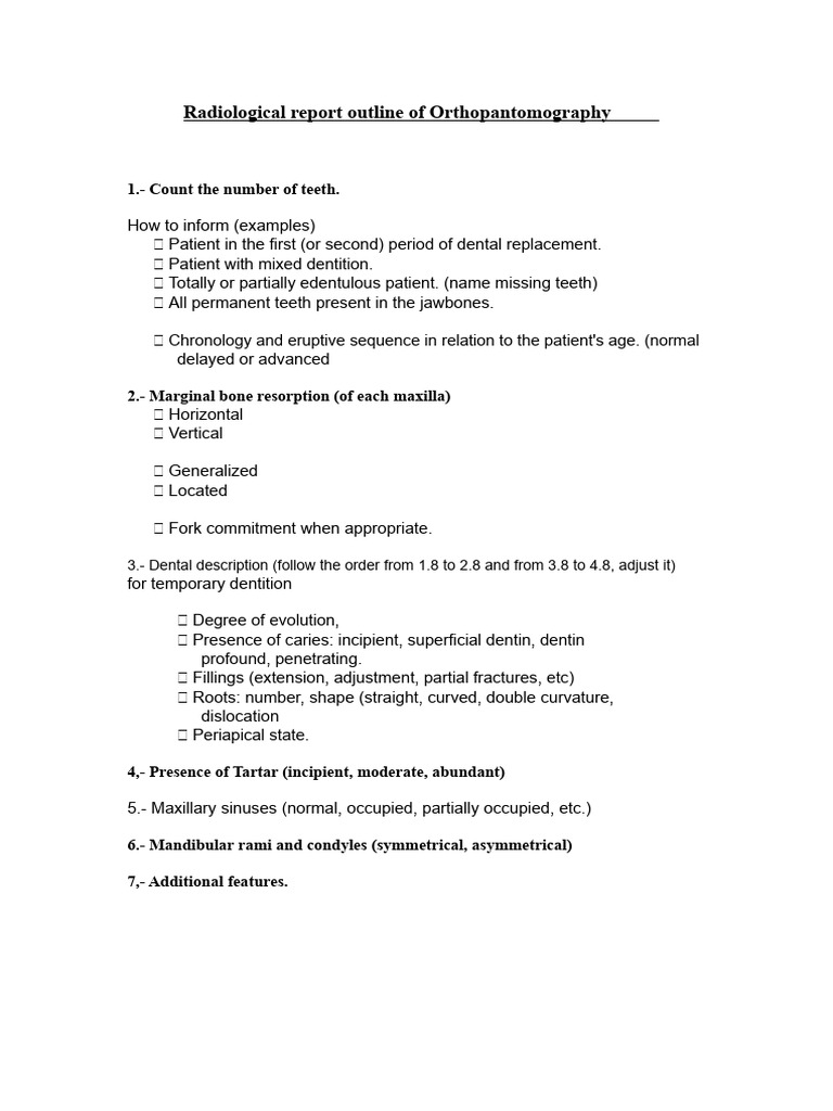 Orthopantomography Radiological Report Guide | PDF | Dental Anatomy | Tooth