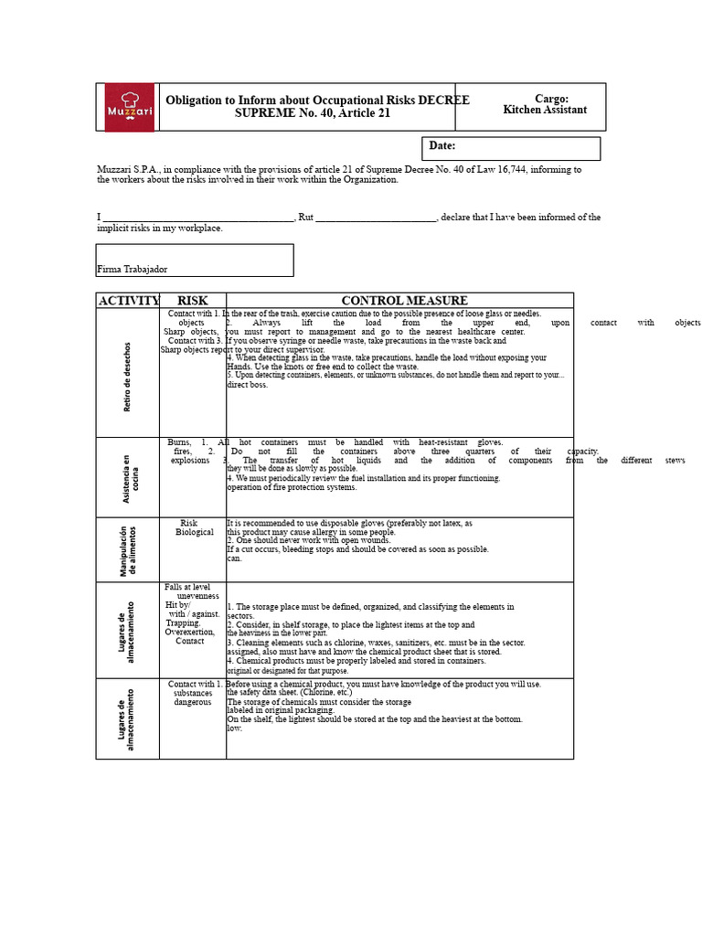 Obligation To Inform About Occupational Risks - Kitchen, Cash Register ...