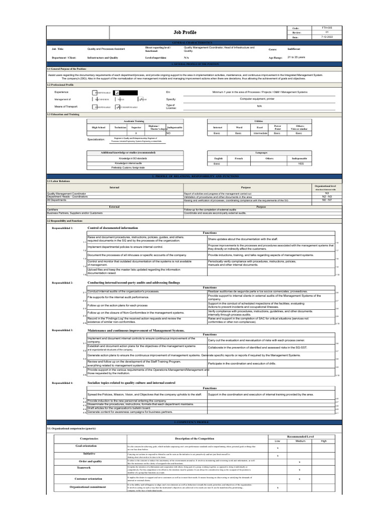 Quality and Processes Assistant Role Overview | PDF | Audit | Internal ...