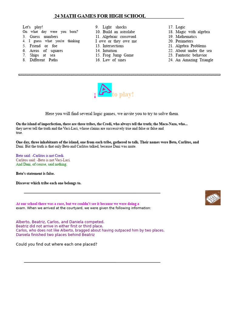 High School Math Games and Puzzles | PDF | Area | Logic