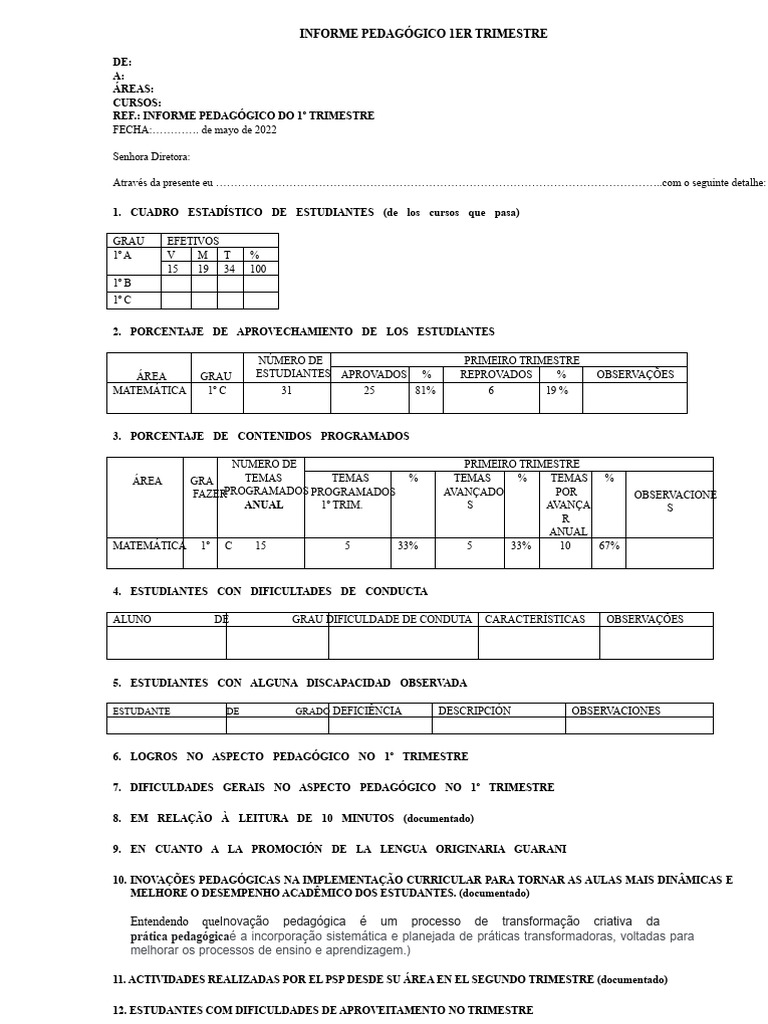 Informe Pedagógico 1º Trimestre 2022 | PDF | Pedagogia | Aprendizado