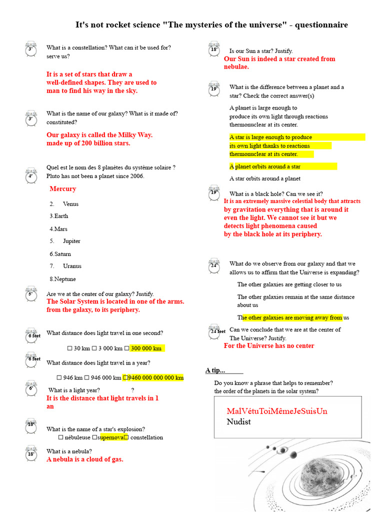 Universe Mysteries Questionnaire | PDF | Planets | Stars