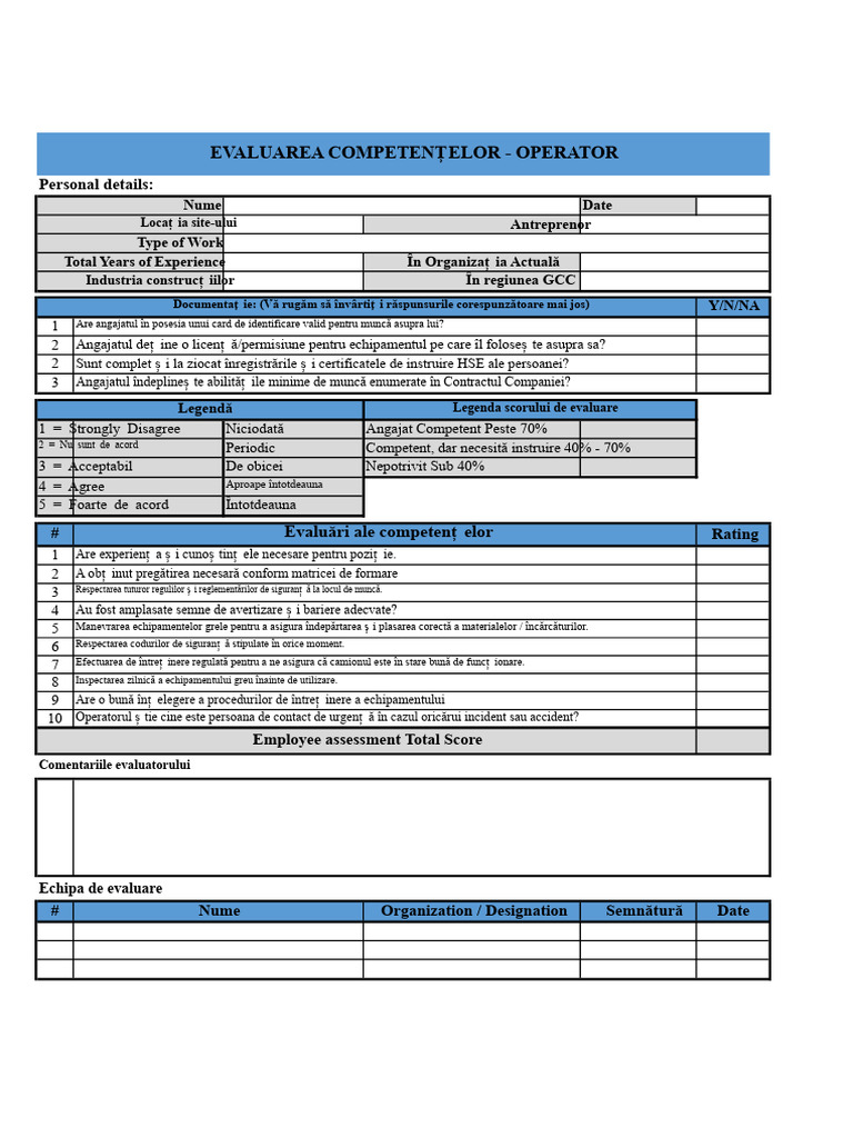 Evaluarea Competențelor - Operator | PDF