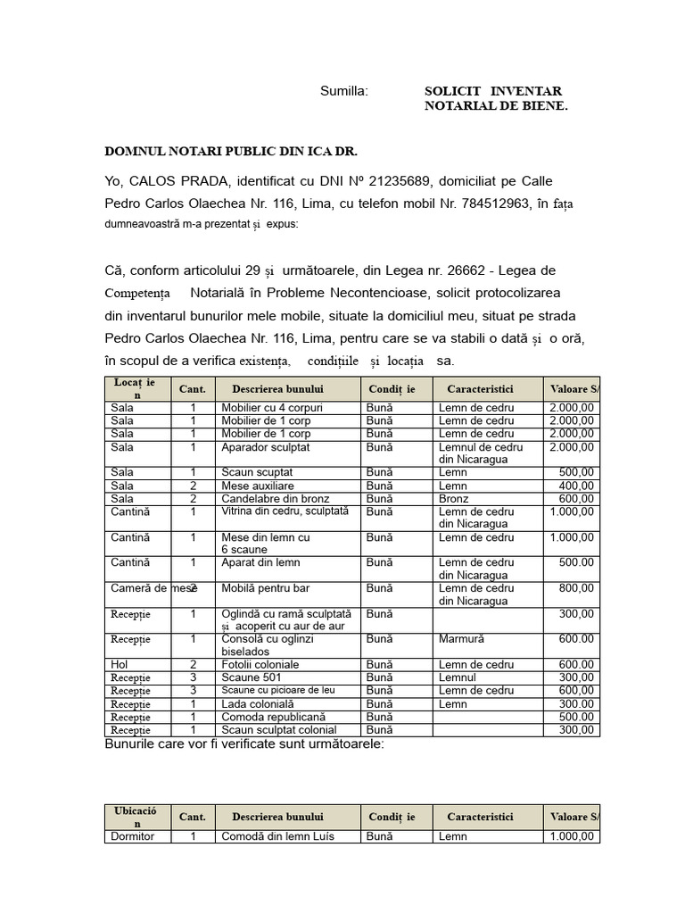 Model de Cerere Pentru Inventar Notarial | PDF