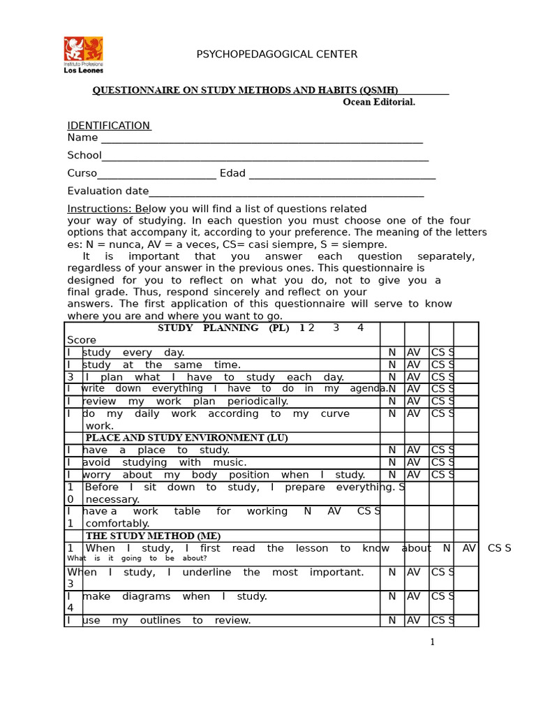 C.M.H.E. STUDY METHODS AND HABITS QUESTIONNAIRE | PDF | Questionnaire