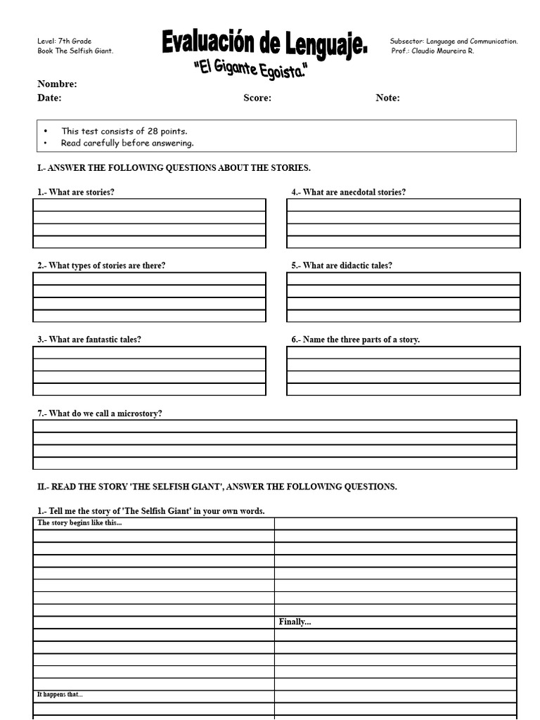7th Grade Test on The Selfish Giant | PDF