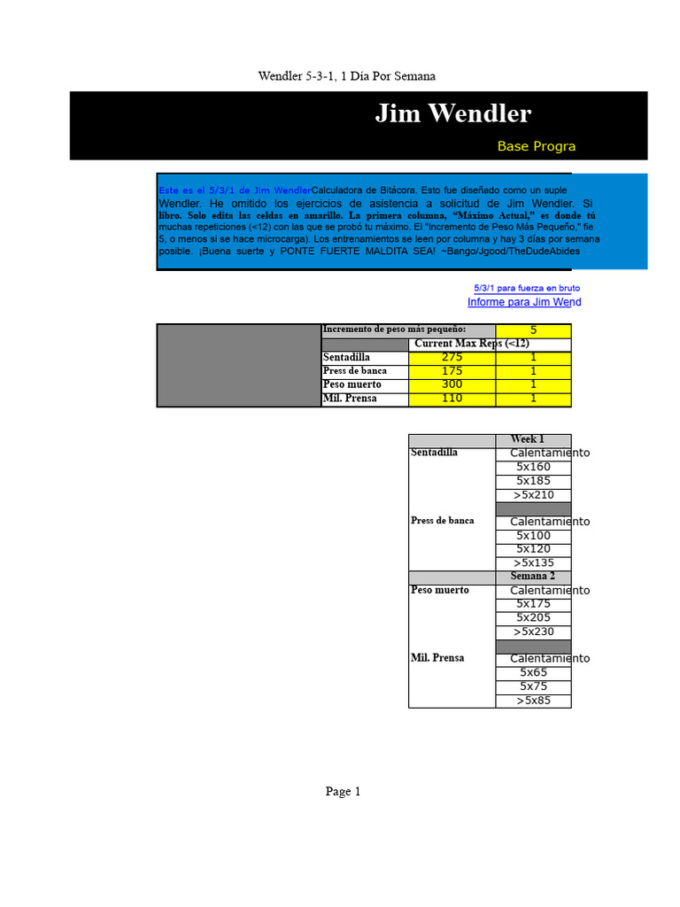 Programa Wendler 5/3/1 Semanal | PDF | Aptitud física | Peso