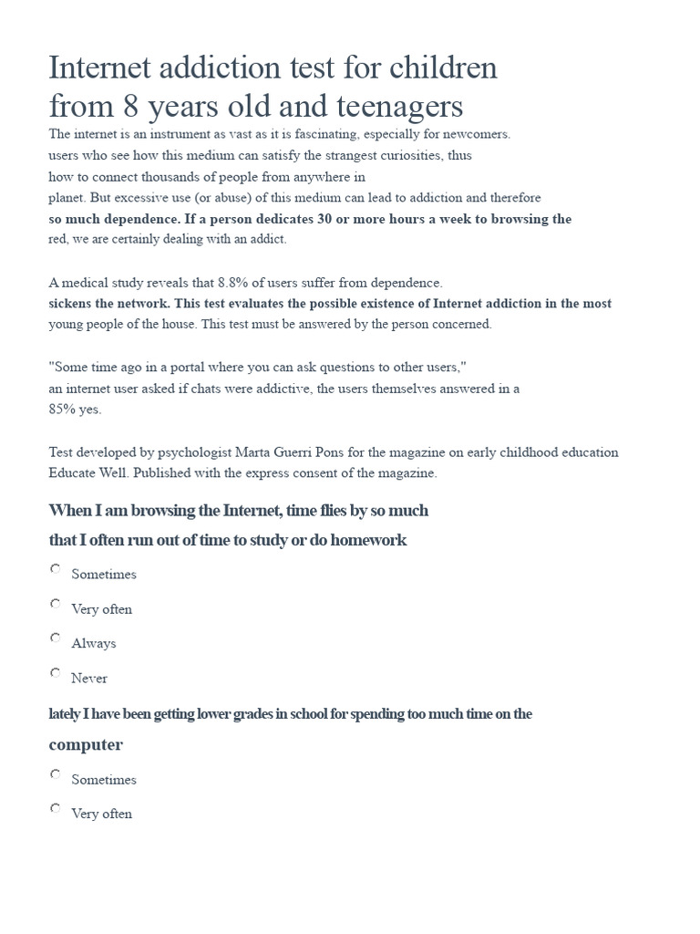 Internet Addiction Test for Kids & Teens | PDF | Adolescence | Internet