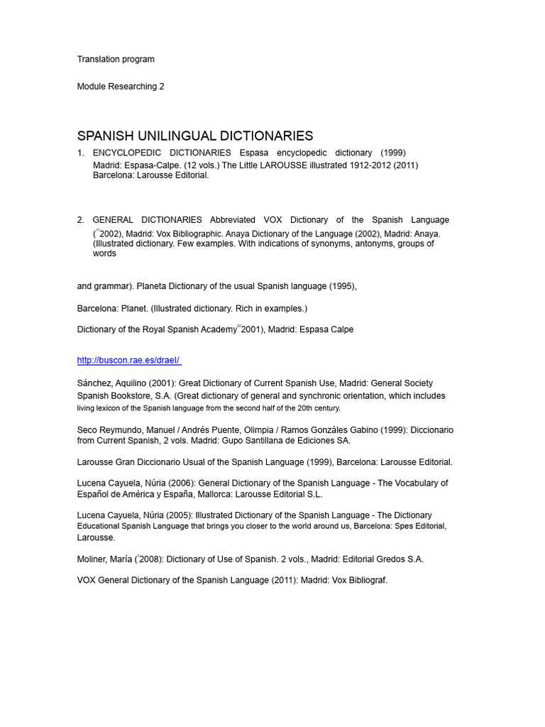 Spanish Unilingual Dictionaries Guide | PDF | Dictionary | Idiom