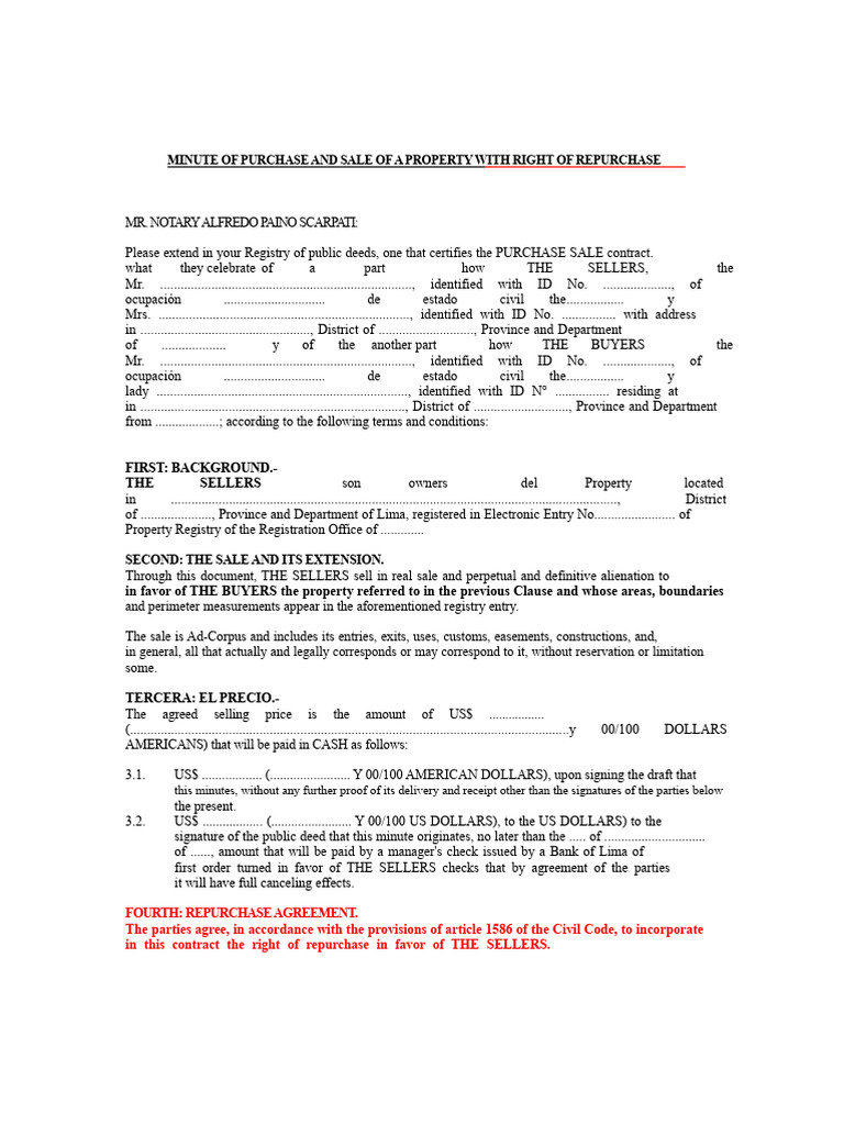 Property Sale Agreement with Repurchase Right | PDF | Repurchase ...