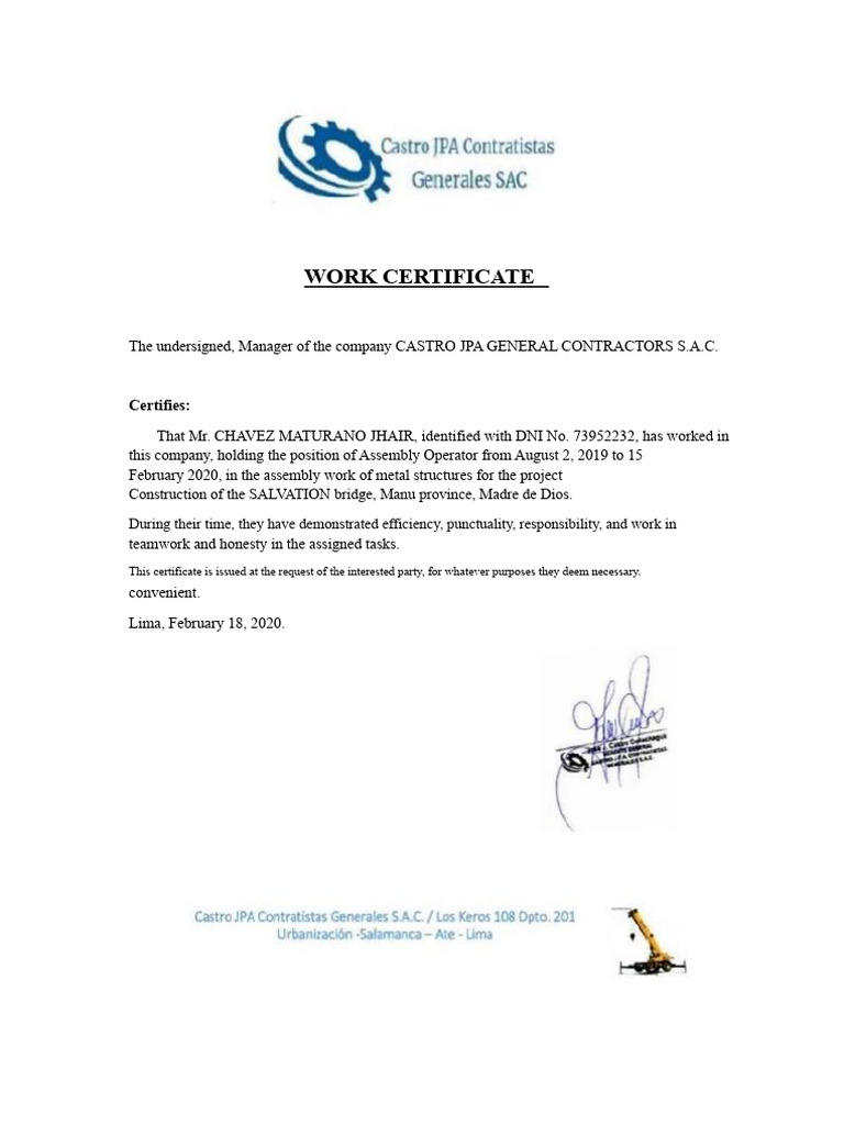 Work Certificate for Jhair Chavez | PDF