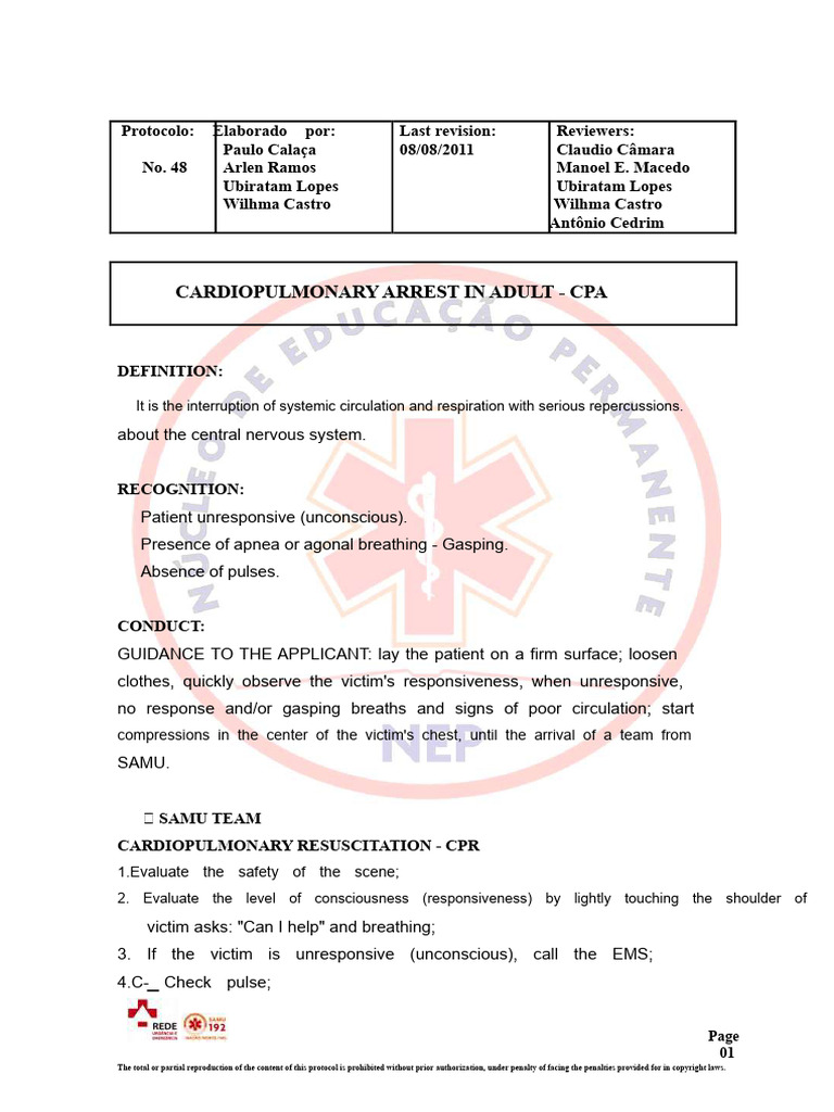 Protocol 48 - Adult PCR SAMU | PDF | Cardiopulmonary Resuscitation ...