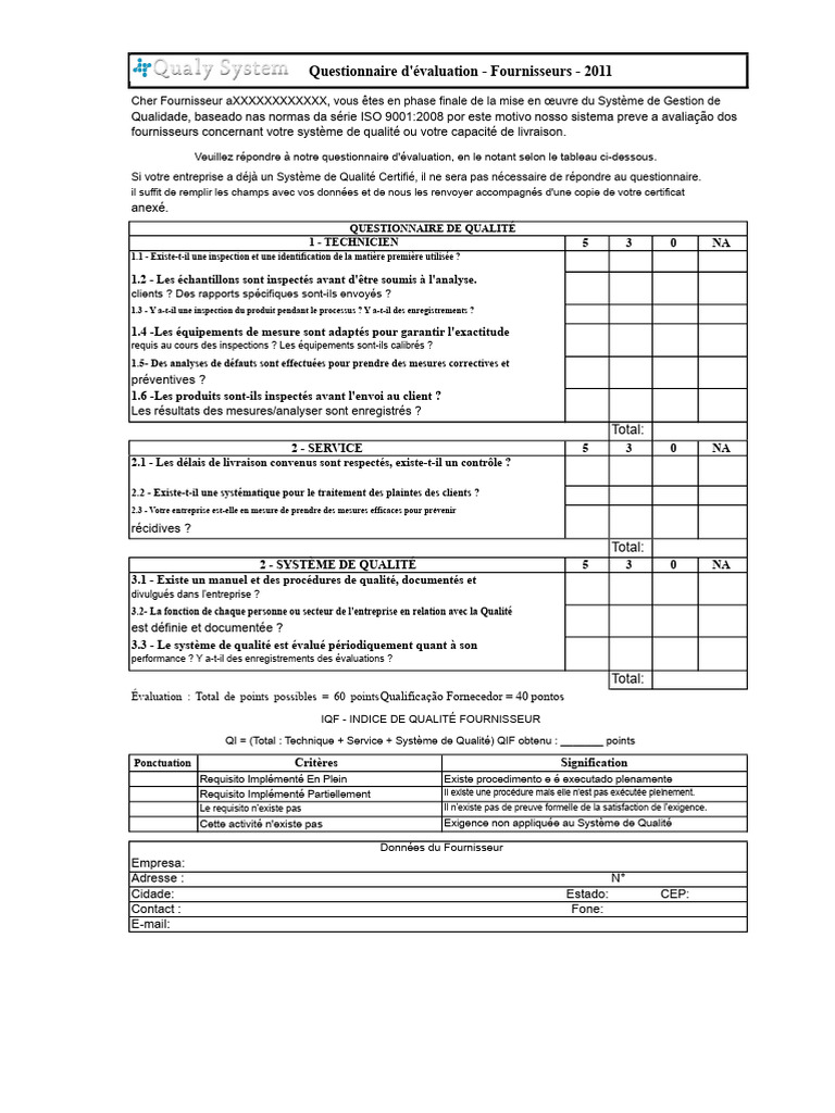 Questionnaire d'évaluation fournisseur 2011 | PDF | Système de ...