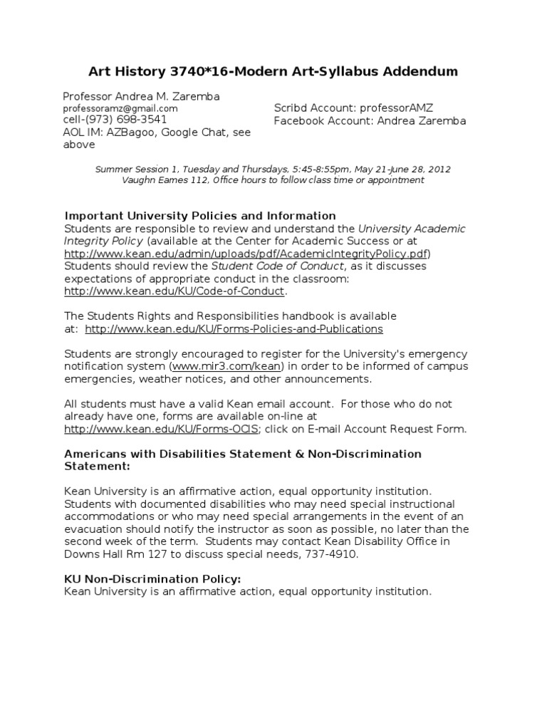 Modern Art Syllabus Addendum 3740 | PDF | Teaching And Learning | Students