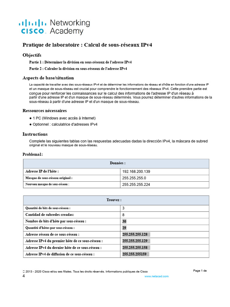 Calcul de sous-réseaux IPv4 en laboratoire | PDF | Adresse IP ...
