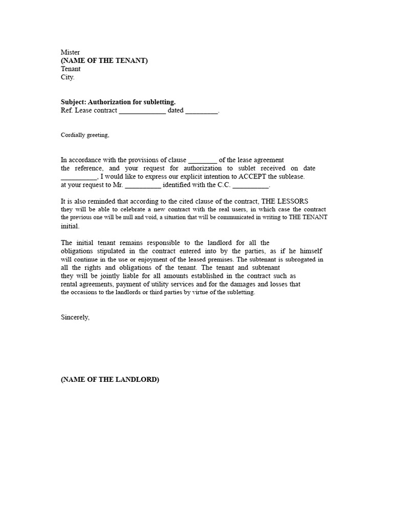 Subletting Authorization Letter Template | PDF