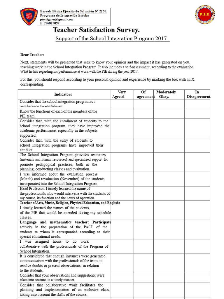 Teacher Satisfaction Survey (1) School Integration Program | PDF ...