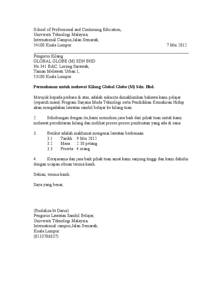 Surat Kebenaran Melawat Kilang Pdf
