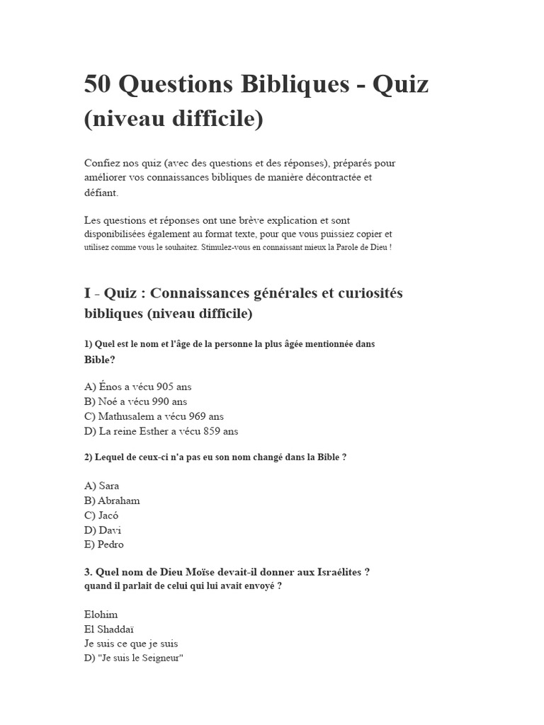 Quiz Biblique : 50 Questions Difficiles | PDF | Jésus | Bible