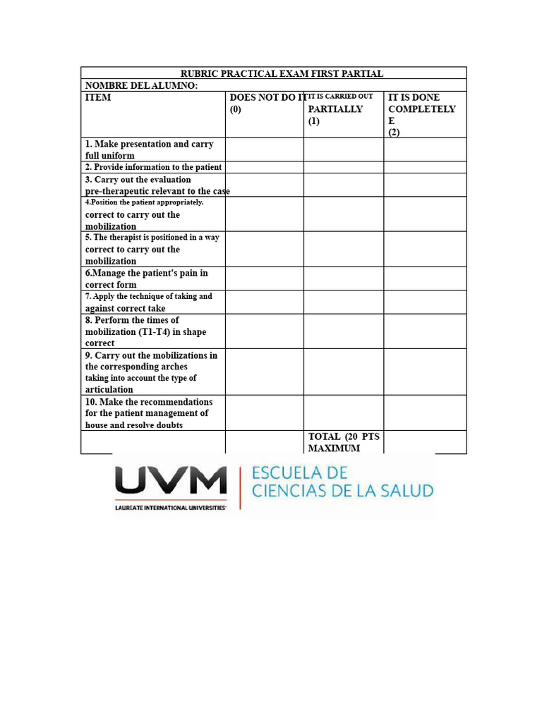 Practical Exam Rubric First Partial Rheumatology | PDF
