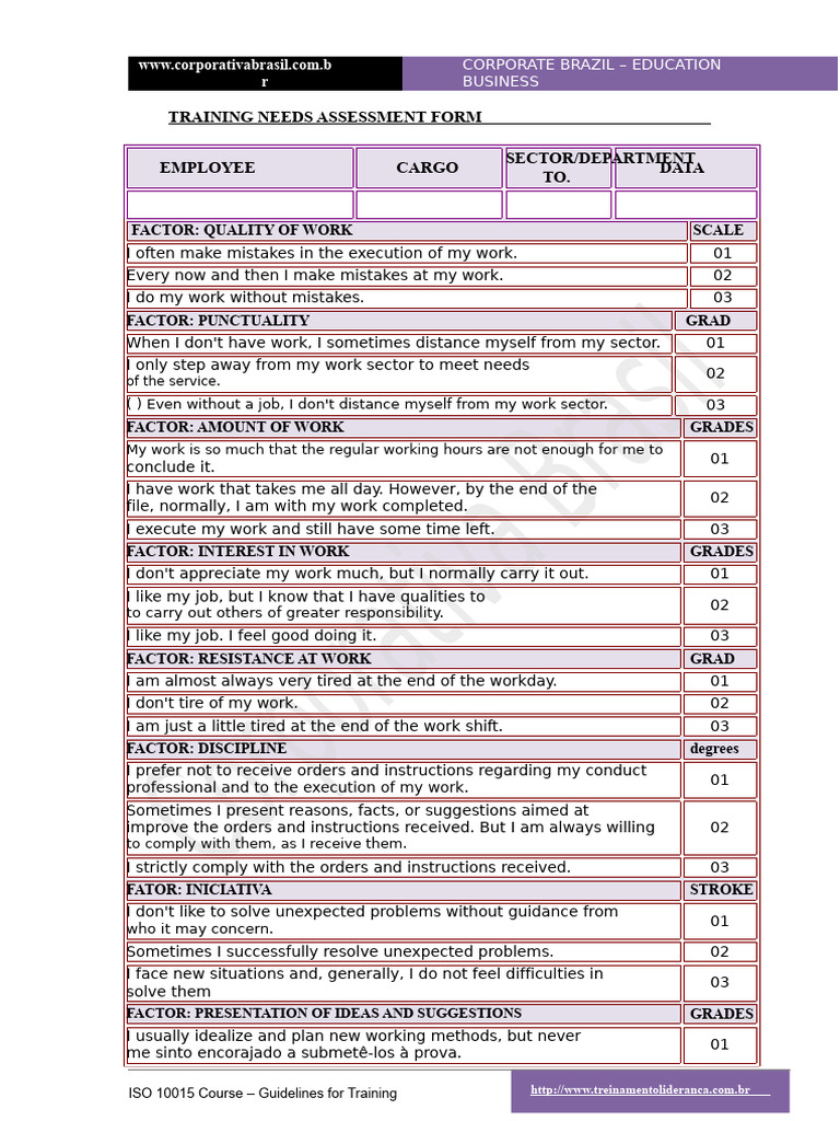Training Needs Assessment Form | PDF | Learning | Cognition