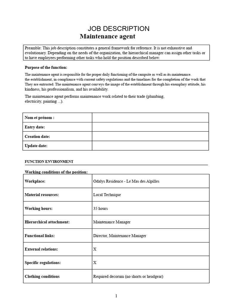 Maintenance Agent Job Description | PDF | Occupational Safety And Health