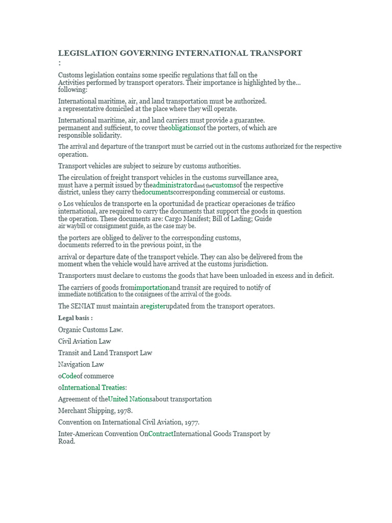 International Transport Legislation Overview | PDF | Treaty | Cargo