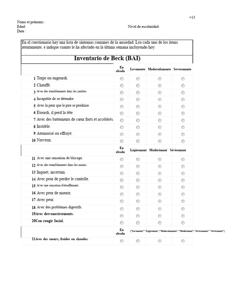 Questionnaire sur l'anxiété : Inventaire de Beck | PDF | Anxiété ...