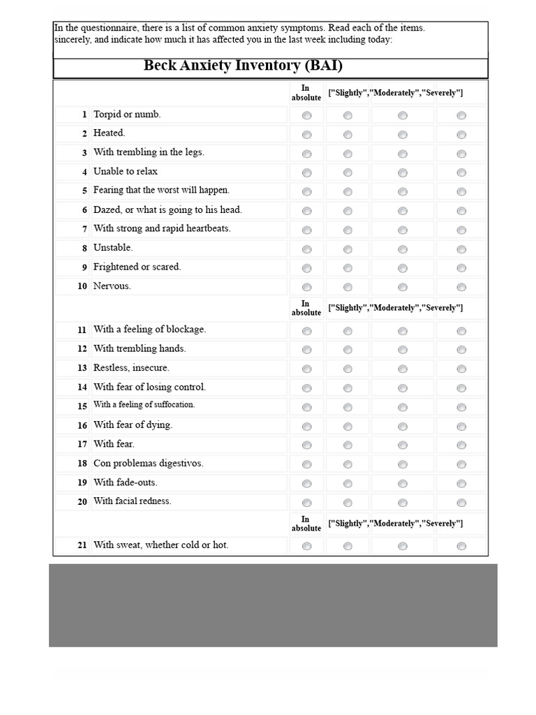 Beck Anxiety Inventory Questionnaire | PDF