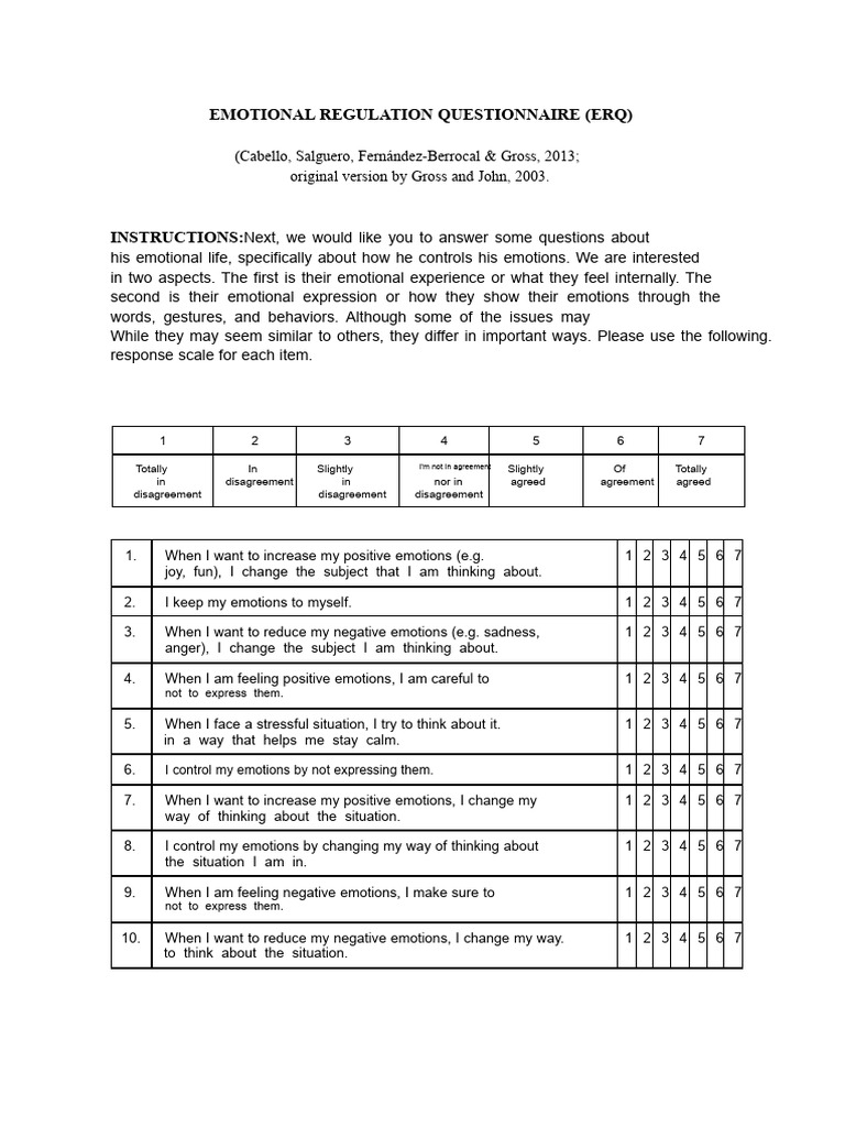 Emotional Regulation Questionnaire (ERQ) | PDF | Emotions | Emotional ...
