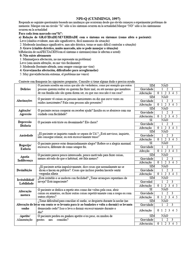Questionário NPI-Q sobre Sintomas Cognitivos | PDF | Doenças e ...
