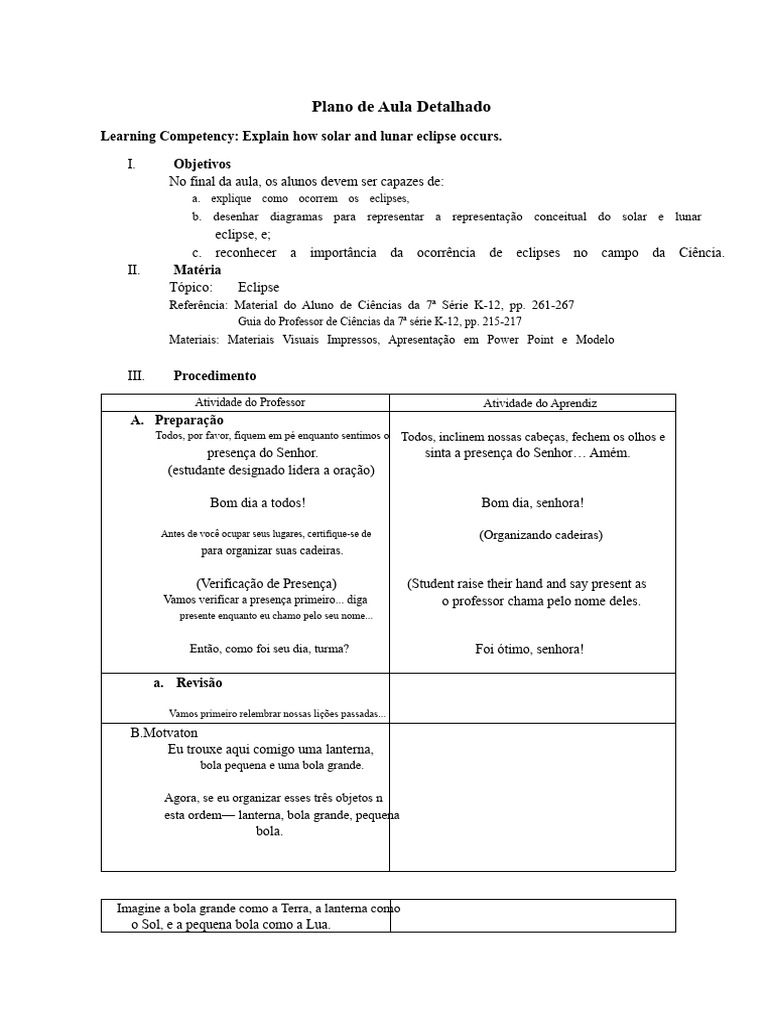 Plano de Aula Detalhado - Ciências | PDF | Eclipse | Lua