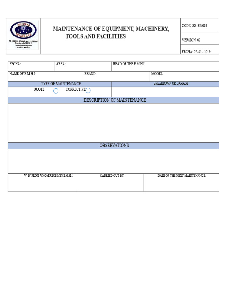 Machinery Maintenance Format | PDF