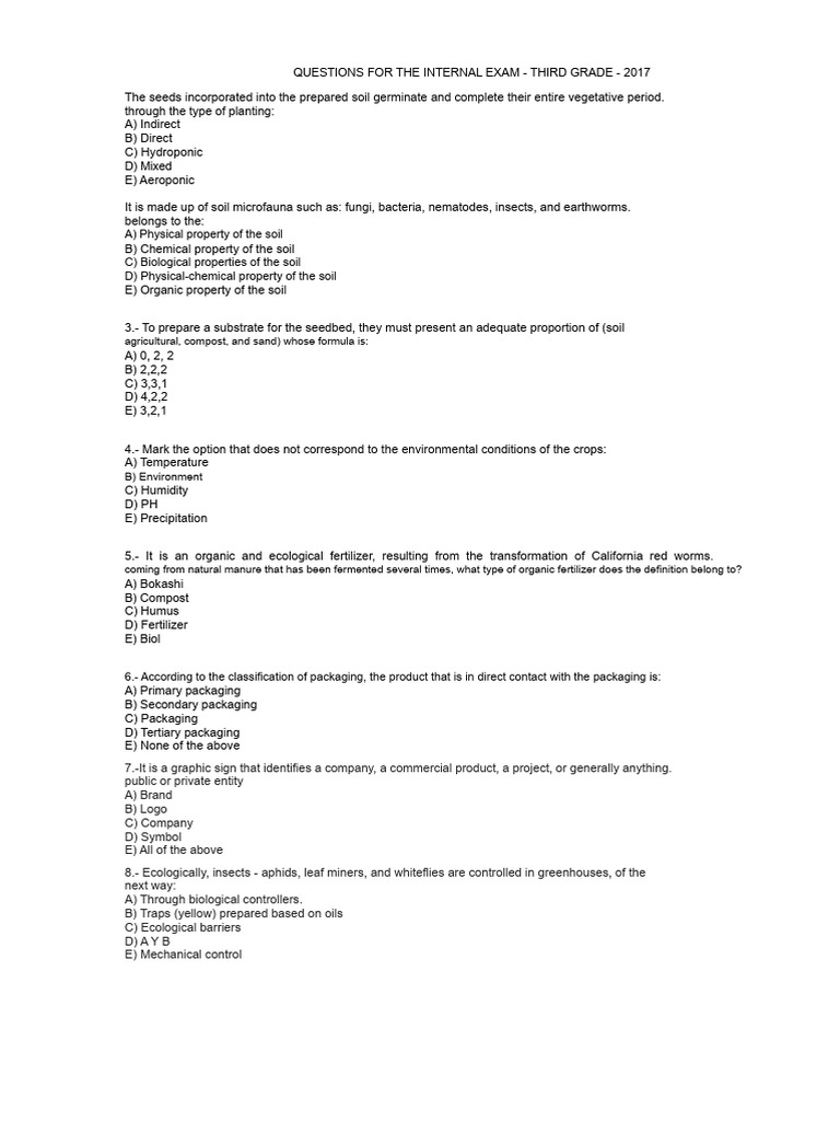Questions for the Internal Exam - Agricultural EPT | PDF