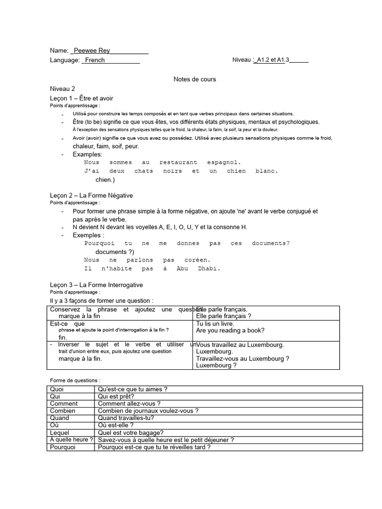 Cours de français A1.2 et A1.3 | PDF | Verbe | Question