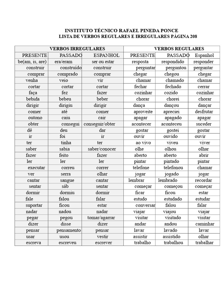 Lista de Verbos Regulares e Irregulares | PDF